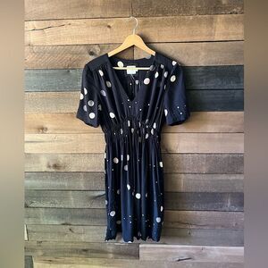 Vintage Black Polka Dot Midi Dress V Neck Elastic Waist Anthropologie HD Paris